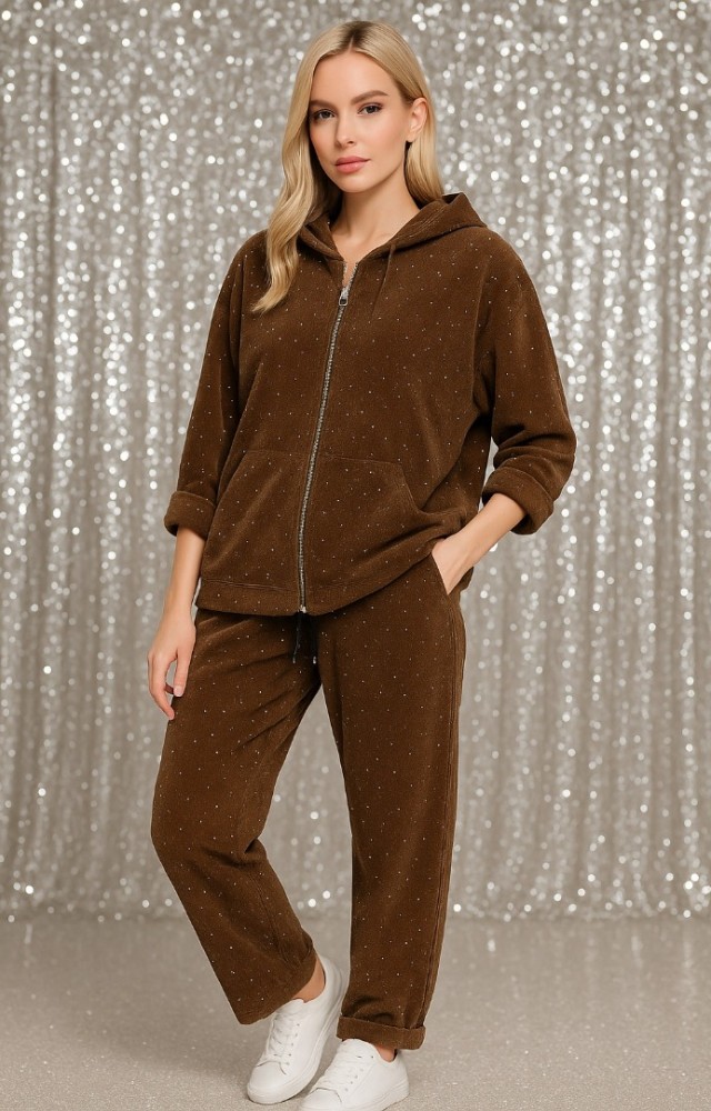 Taşlı Fermuarlı Kadın Alt Üst Takım Kahverengi