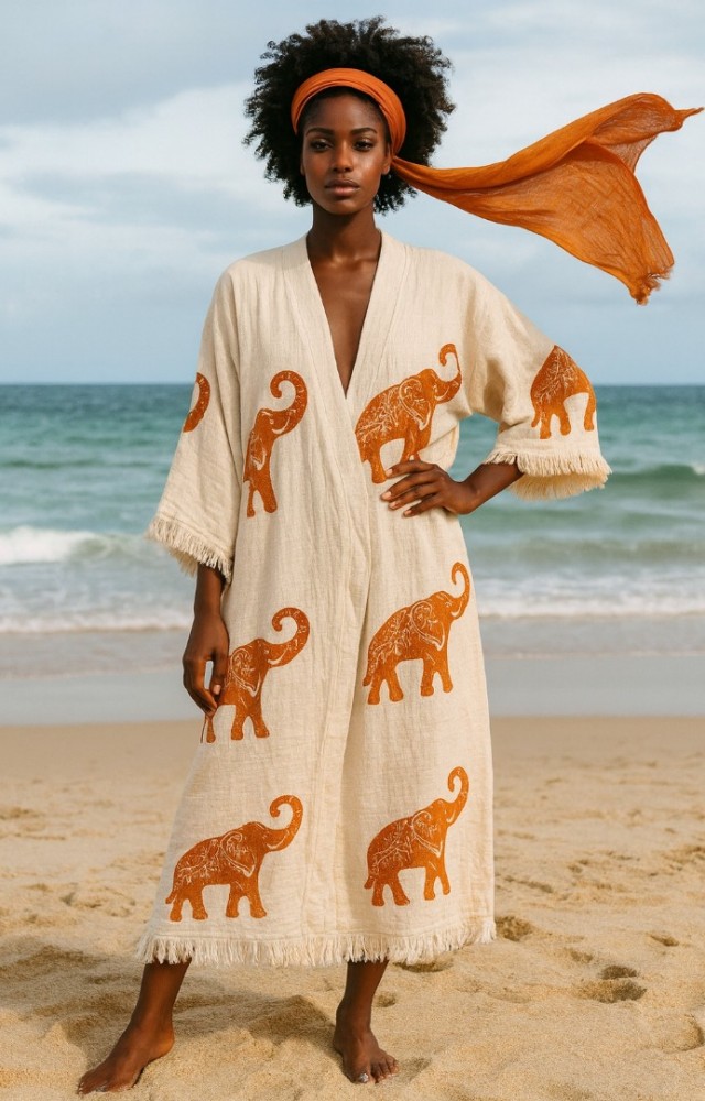 4 Kat Natürel Müslin Pamuk Kumaş Kimyasal İşlem Görmemiş El Baskılı Kaftan Kimono Peştemal Bornoz13