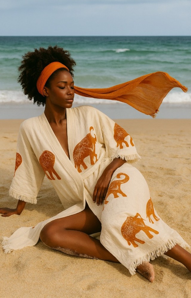 4 Kat Natürel Müslin Pamuk Kumaş Kimyasal İşlem Görmemiş El Baskılı Kaftan Kimono Peştemal Bornoz13