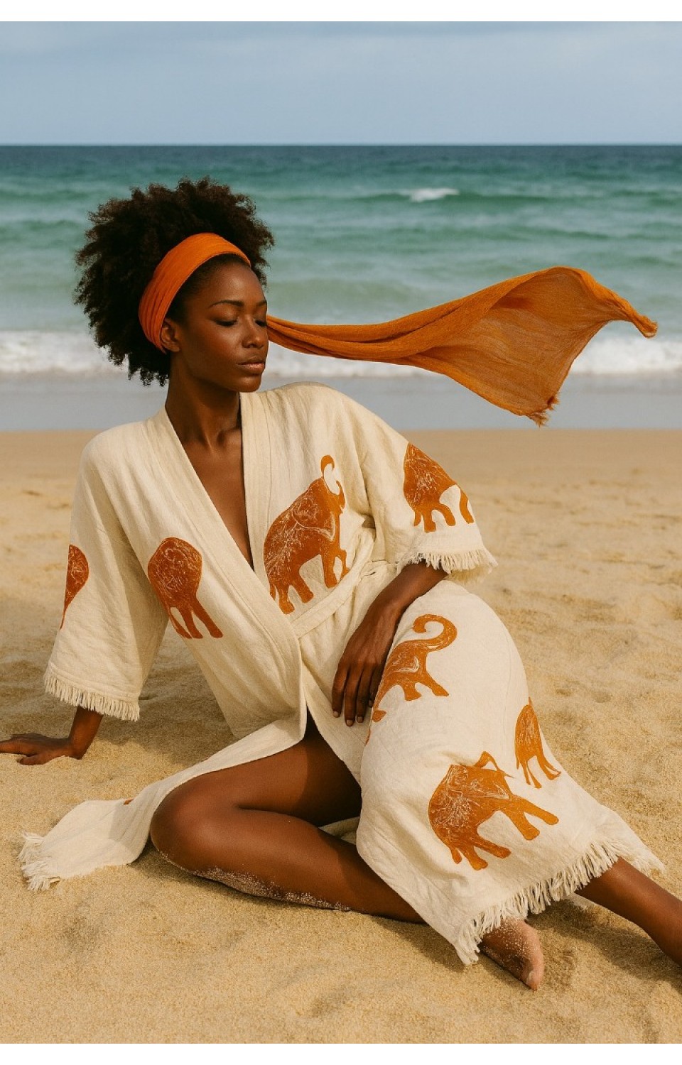 4 Kat Natürel Müslin Pamuk Kumaş Kimyasal İşlem Görmemiş El Baskılı Kaftan Kimono Peştemal Bornoz13