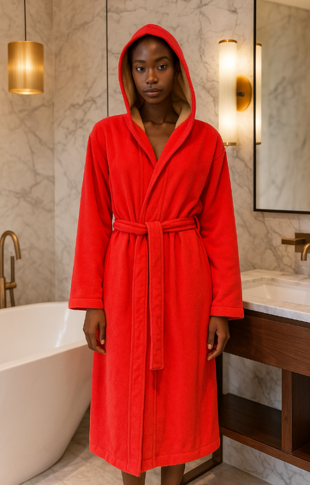 Kapşonlu Belden Kuşaklı %100 Pamuk İçi Bej Dışı Fuşya Banyo Bornozu