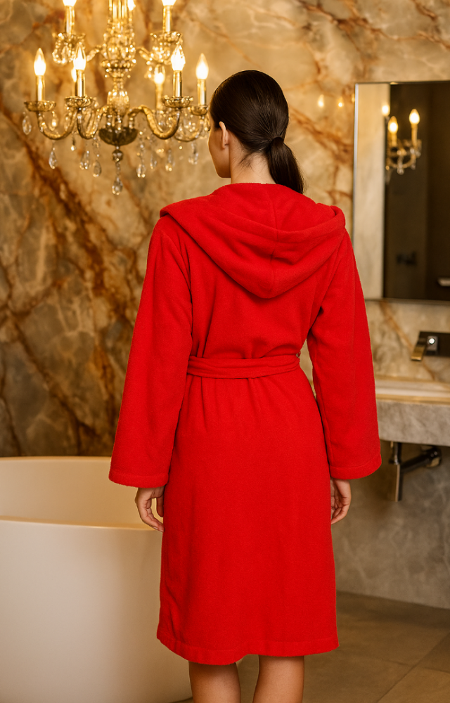 Kapşonlu Belden Kuşaklı %100 Pamuk İçi Bej Dışı Fuşya Banyo Bornozu