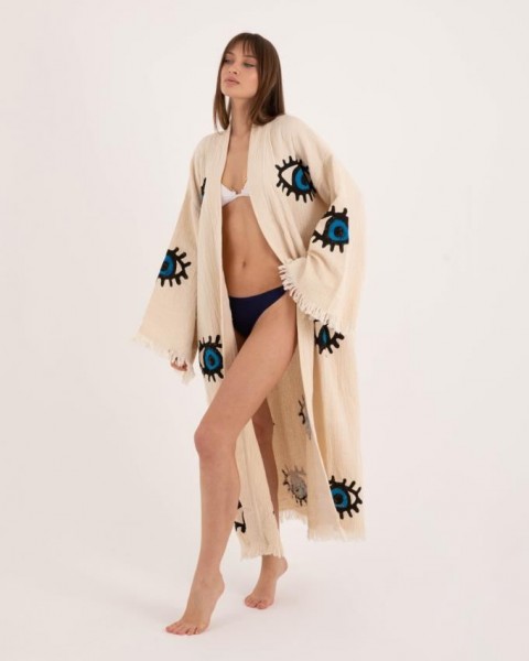 Göz Figür Desen Baskılı Kaftan Kimono (BOYU 125 CM)