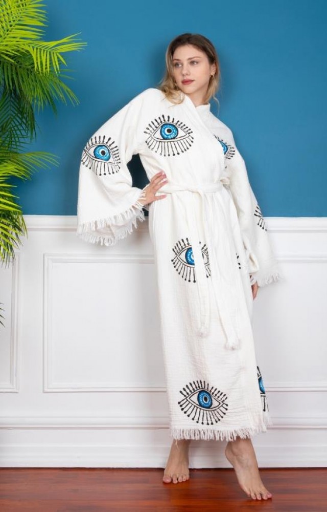 Göz Figür Desen Baskılı Müslin Kaftan Kimono Peştemal Bornoz (BOYU 120 CM)