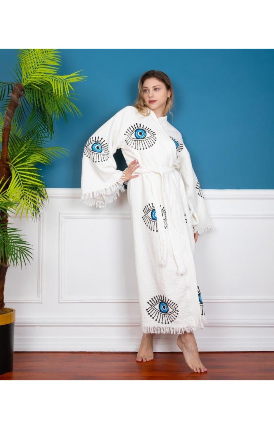 Göz Figür Desen Baskılı Müslin Kaftan Kimono Peştemal Bornoz (BOYU 120 CM)