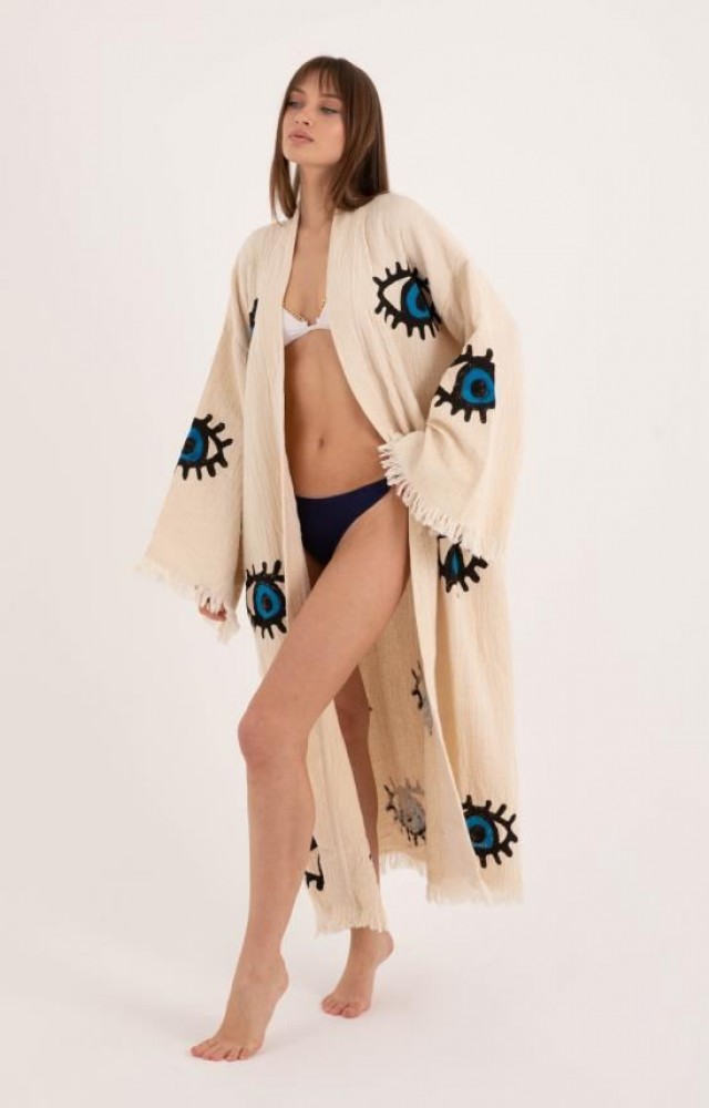 Göz Figür Desen Baskılı Müslin Kaftan Kimono Peştemal Bornoz (BOYU 125 CM)