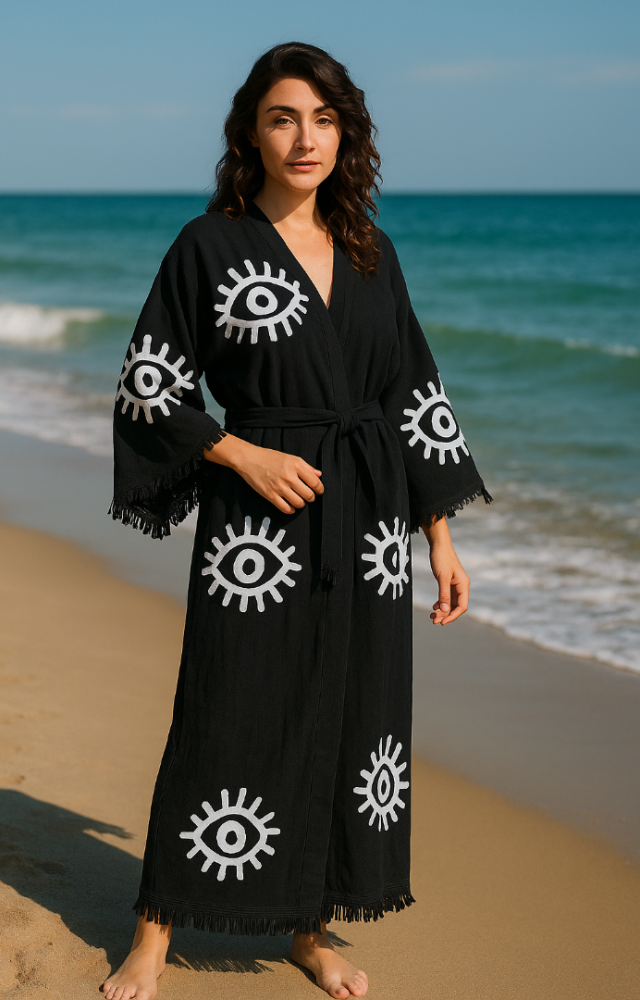 Göz Figür Desen Baskılı Müslin Kaftan Kimono Peştemal Bornoz (BOYU 125 CM)