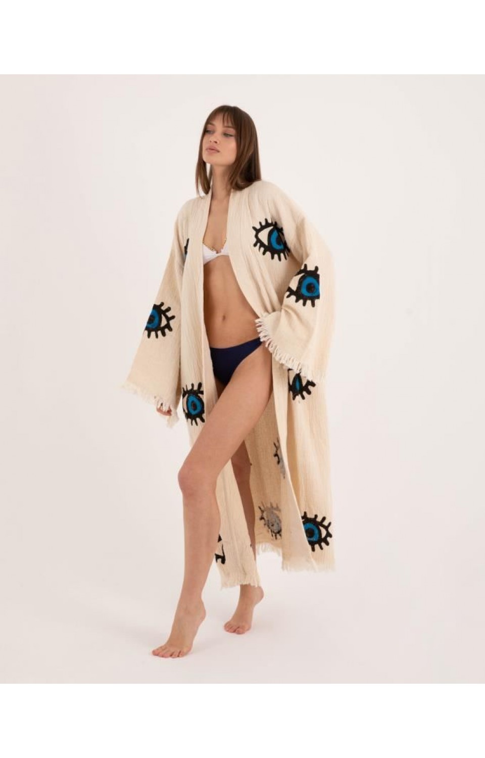 Göz Figür Desen Baskılı Müslin Kaftan Kimono Peştemal Bornoz (BOYU 125 CM)
