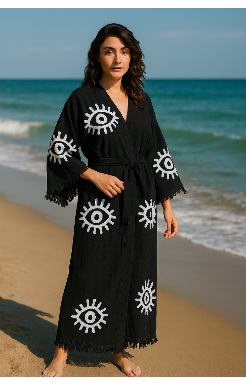 Göz Figür Desen Baskılı Müslin Kaftan Kimono Peştemal Bornoz (BOYU 125 CM)