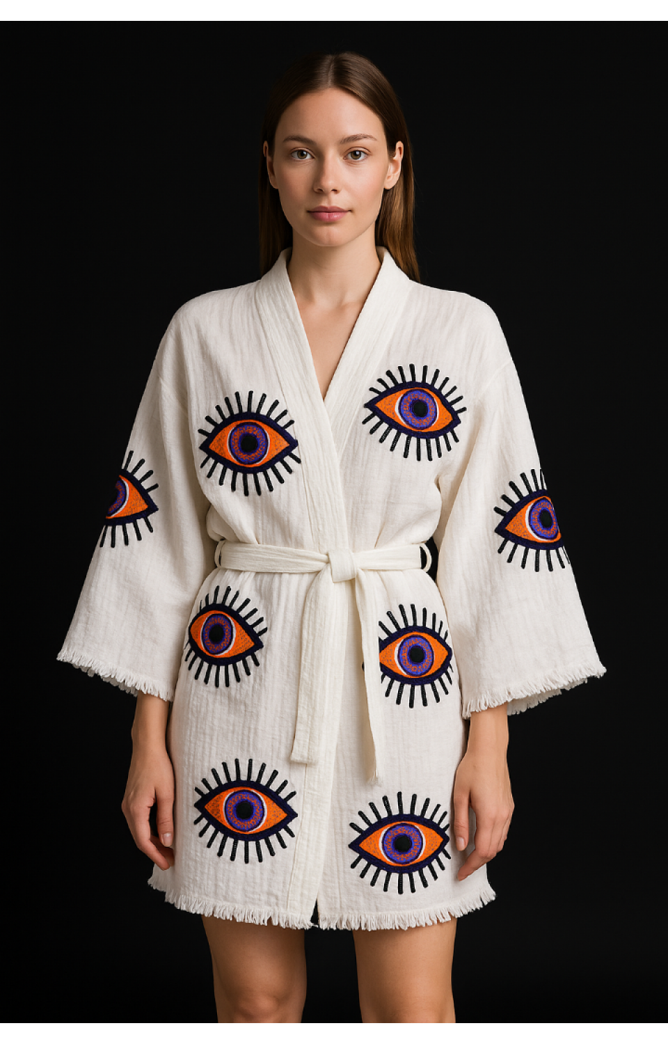 Göz Figür Desen Baskılı Müslin Kaftan Kimono Peştemal Bornoz (BOYU 90 CM)