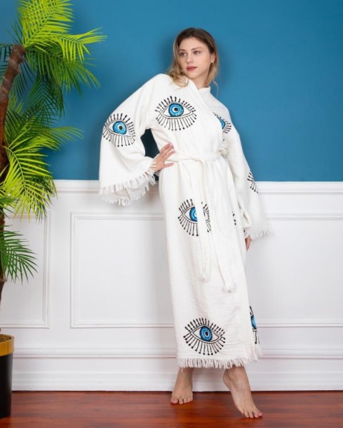 Göz Figür Pamuklu Kadın Yazlık Kimono Kaftan