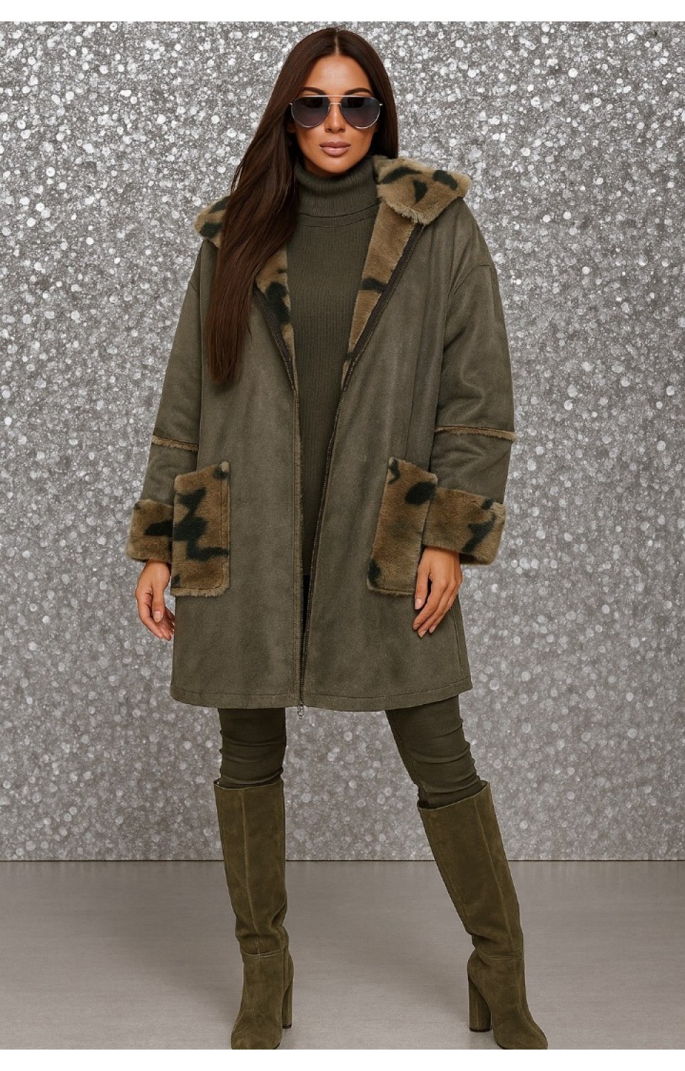 İçi Peluş Kamuflaj Desen Dışı Nubuk Kumaş Kadın Mont Taş Rengi