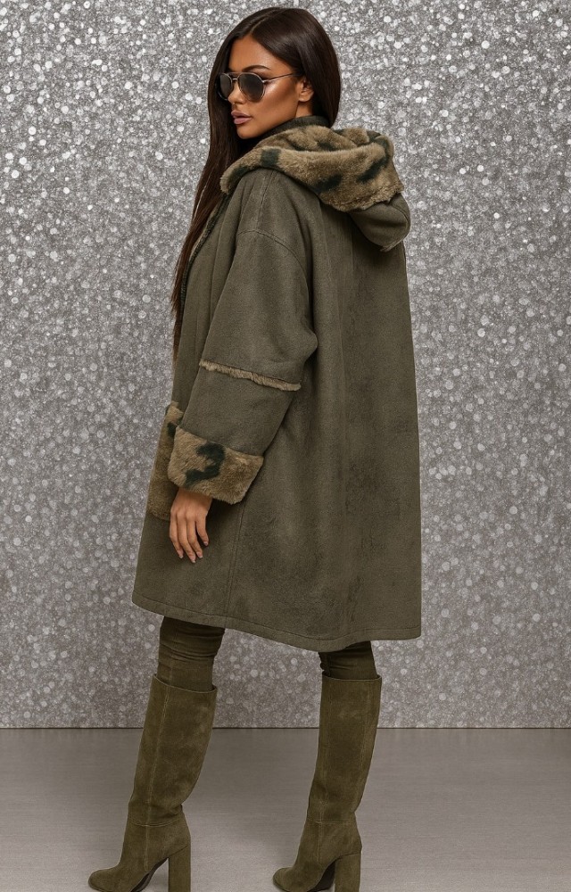 İçi Peluş Kamuflaj Desen Dışı Nubuk Kumaş Kadın Mont Taş Rengi