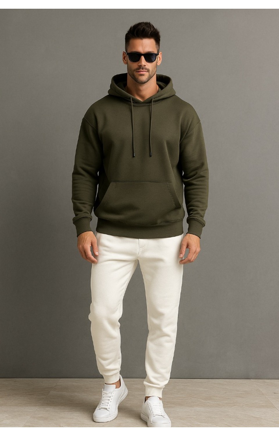 Kapüşonlu Cepli 3 İplik Yüksek Kaliteli Unisex Kadın Erkek Haki Sweatshirt