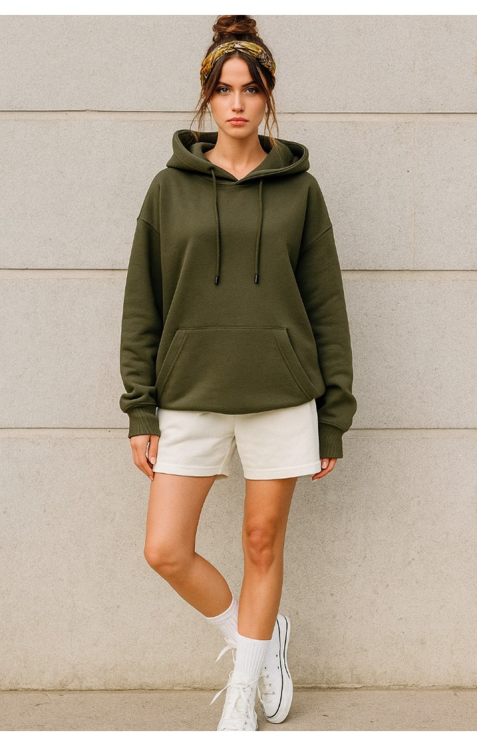 Kapüşonlu Cepli 3 İplik Yüksek Kaliteli Unisex Kadın Erkek Haki Sweatshirt