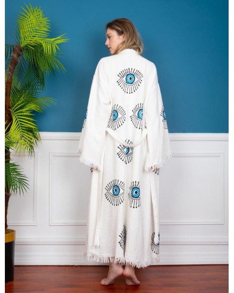 Göz Figür Pamuklu Kadın Yazlık Kimono Kaftan