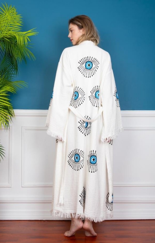 Göz Figür Desen Baskılı Müslin Kaftan Kimono Peştemal Bornoz (BOYU 120 CM)