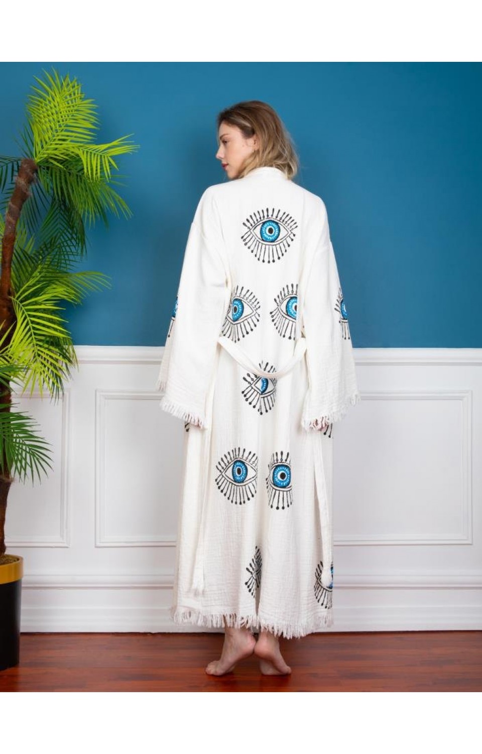 Göz Figür Desen Baskılı Müslin Kaftan Kimono Peştemal Bornoz (BOYU 120 CM)