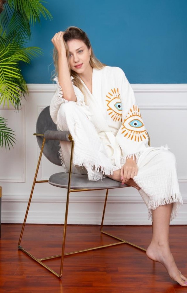 Göz Figür Desen Baskılı Kısa Müslin Kaftan Kimono Peştemal Alt Üst Takım