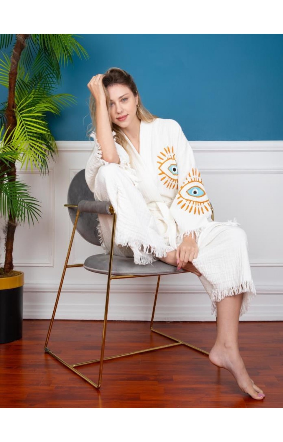 Göz Figür Desen Baskılı Kısa Müslin Kaftan Kimono Peştemal Alt Üst Takım