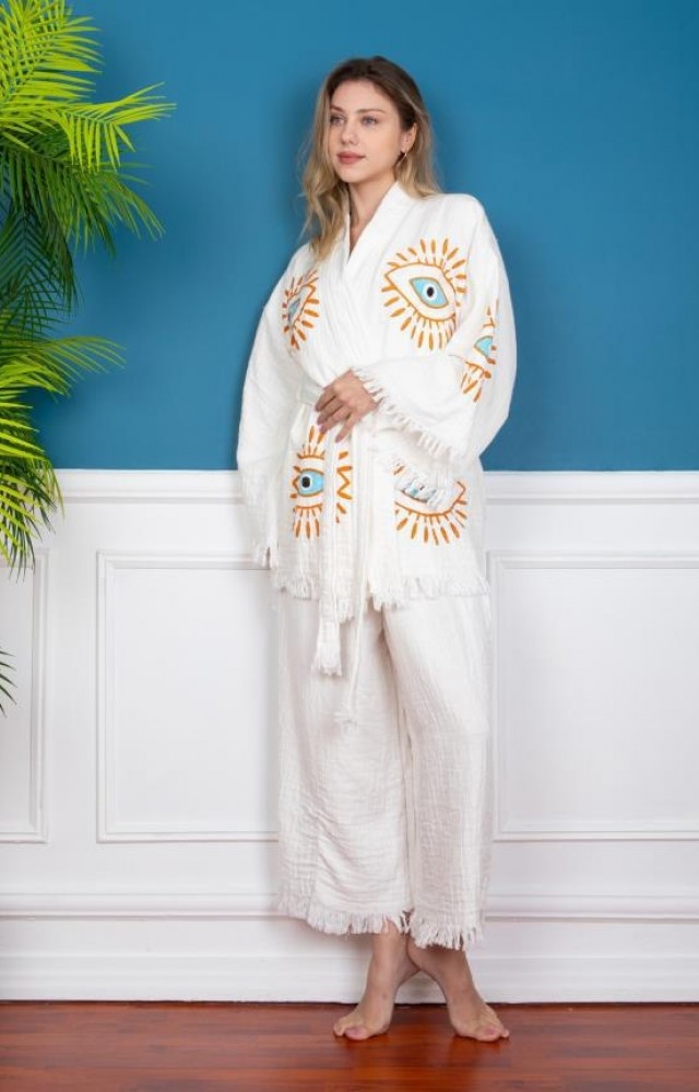 Göz Figür Desen Baskılı Kısa Müslin Kaftan Kimono Peştemal Alt Üst Takım