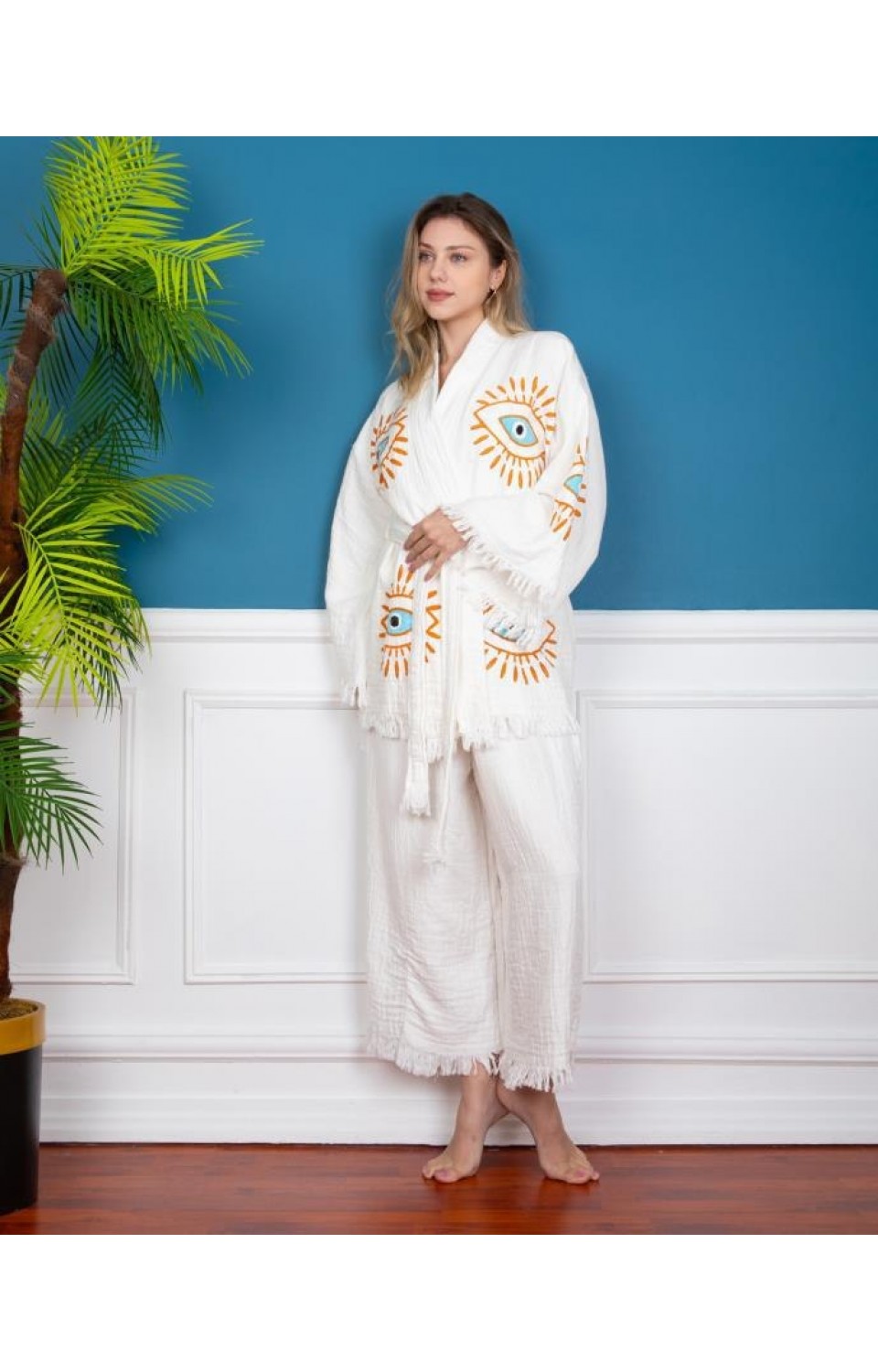 Göz Figür Desen Baskılı Kısa Müslin Kaftan Kimono Peştemal Alt Üst Takım