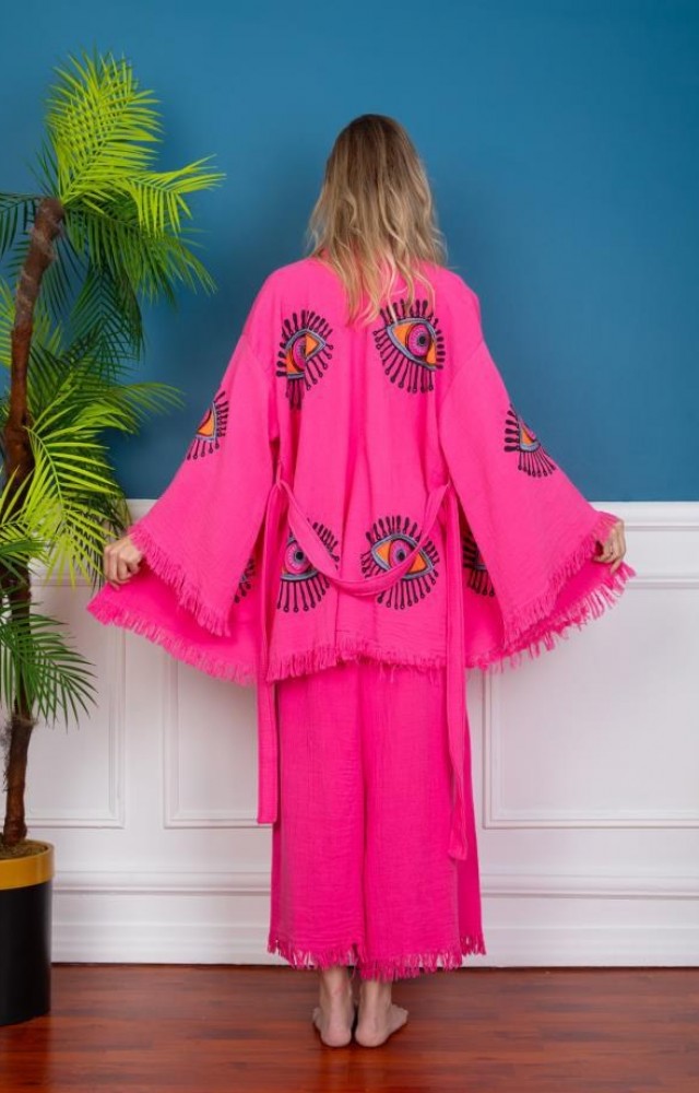 Göz Figür Desen Baskılı Kısa Müslin Kaftan Kimono Peştemal Pembe Alt Üst Takım
