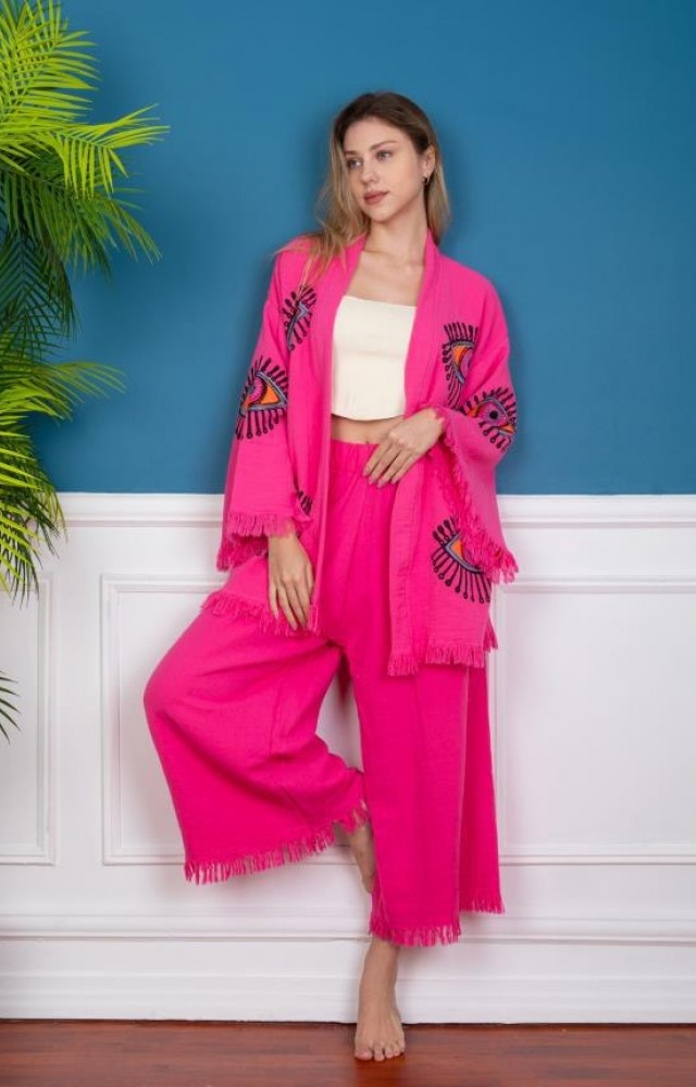 Göz Figür Desen Baskılı Kısa Müslin Kaftan Kimono Peştemal Pembe Alt Üst Takım