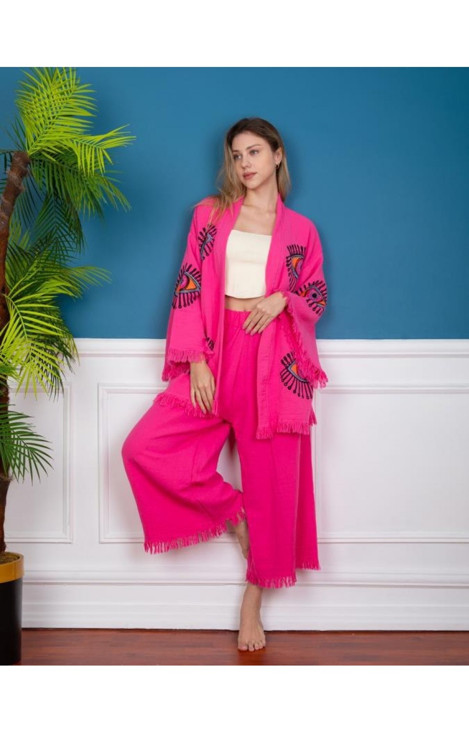 Göz Figür Desen Baskılı Kısa Müslin Kaftan Kimono Peştemal Pembe Alt Üst Takım