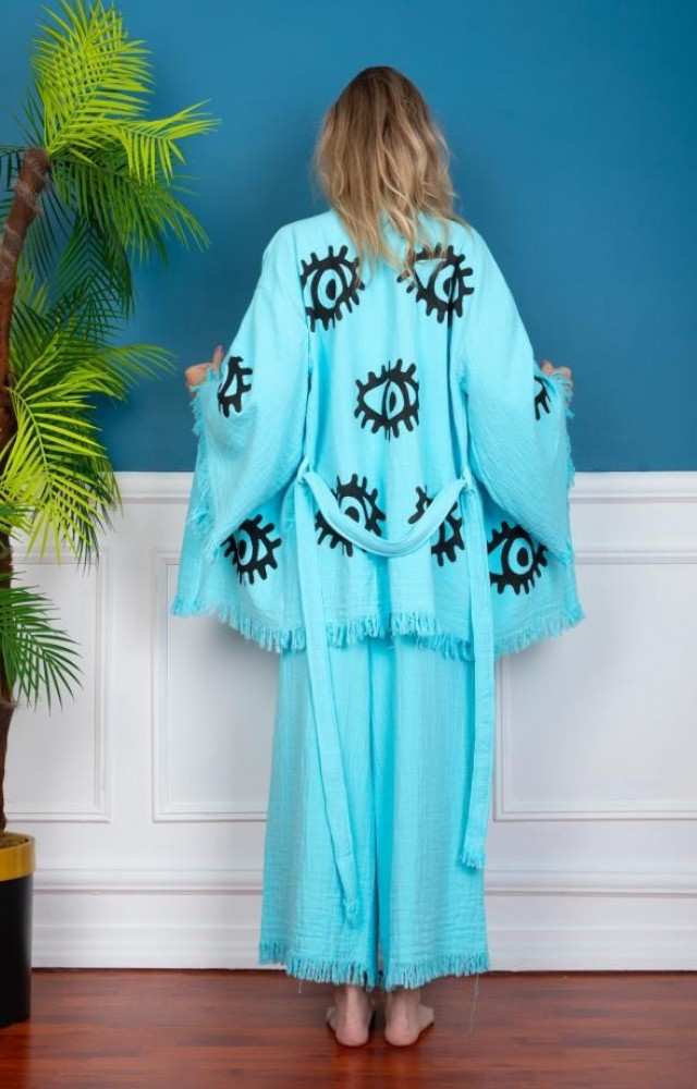 Göz Figür Desen Baskılı Kısa Müslin Kaftan Kimono Peştemal Mavi Alt Üst Takım
