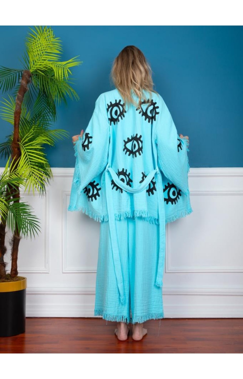 Göz Figür Desen Baskılı Kısa Müslin Kaftan Kimono Peştemal Mavi Alt Üst Takım