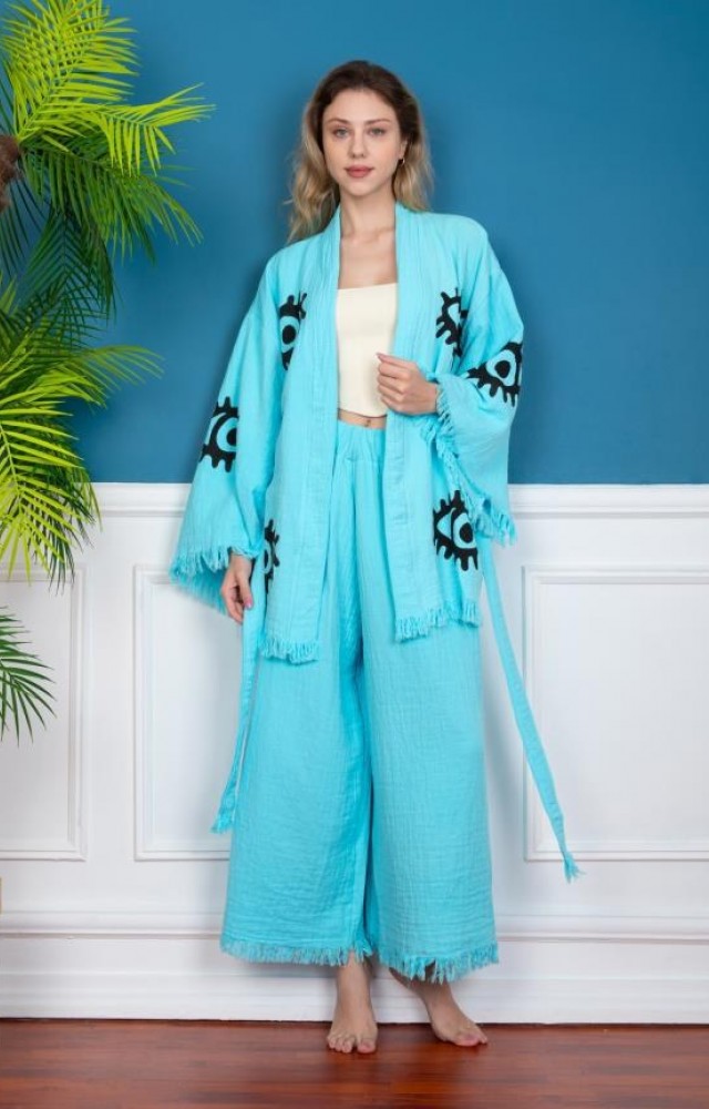 Göz Figür Desen Baskılı Kısa Müslin Kaftan Kimono Peştemal Mavi Alt Üst Takım