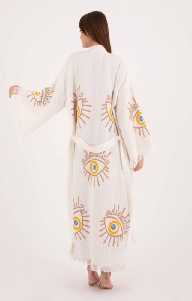 4 Kat Kumaş Özel Baskı Kirpik Desenli Doğal Natürel Müslin Kaftan Kimono Peştemal Bornoz