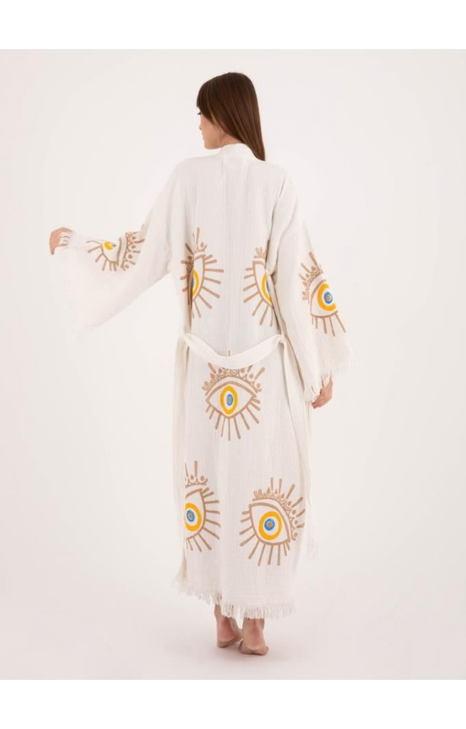 4 Kat Natürel Müslin Pamuk Kumaş Kimyasal İşlem Görmemiş El Baskılı Kaftan Kimono Peştemal Bornoz19
