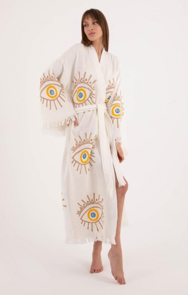 4 Kat Kumaş Özel Baskı Kirpik Desenli Doğal Natürel Müslin Kaftan Kimono Peştemal Bornoz