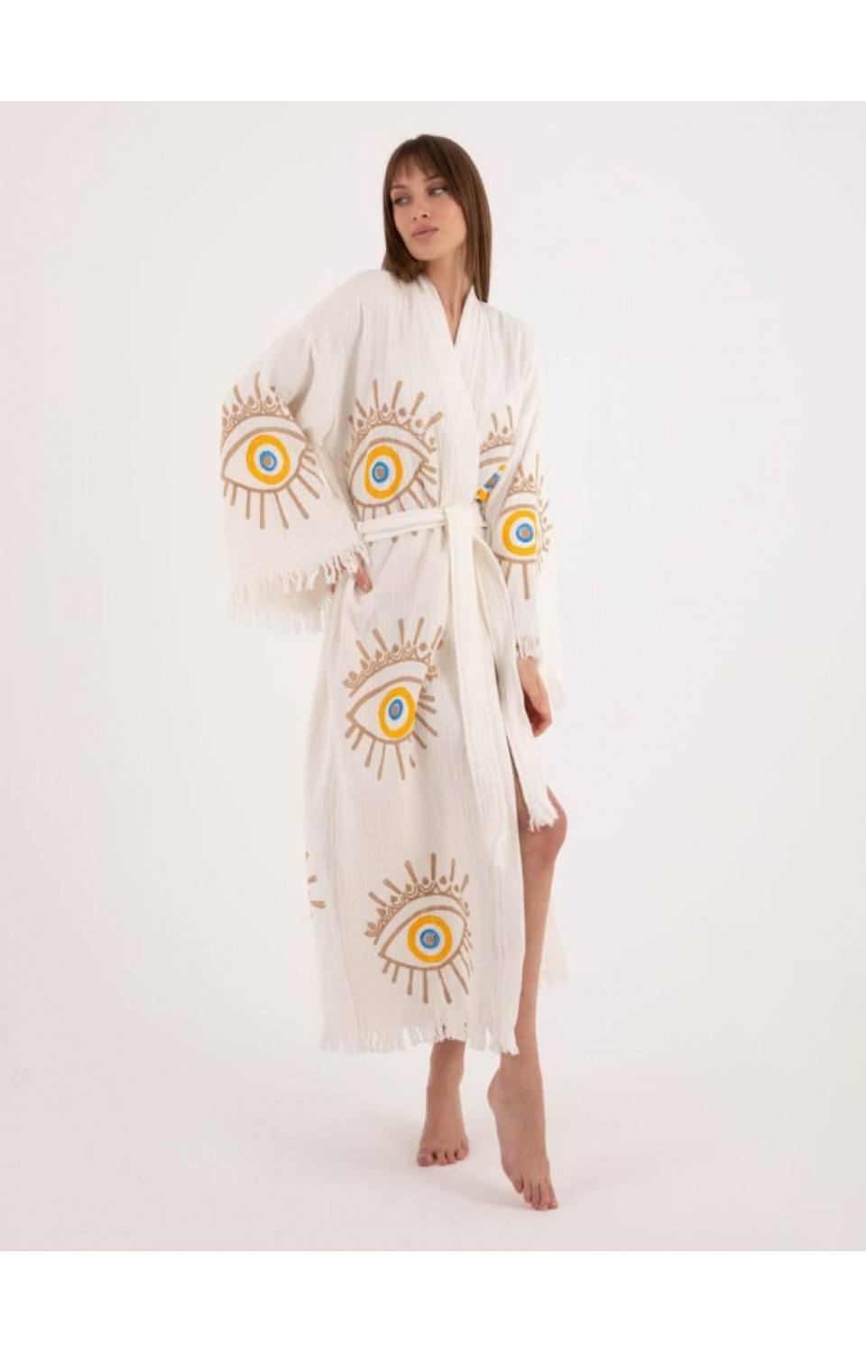 4 Kat Natürel Müslin Pamuk Kumaş Kimyasal İşlem Görmemiş El Baskılı Kaftan Kimono Peştemal Bornoz19