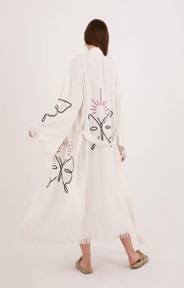 4 Kat Kumaş Özel Baskı Kelebek Desenli Doğal Natürel Müslin Kaftan Kimono Peştemal Bornoz