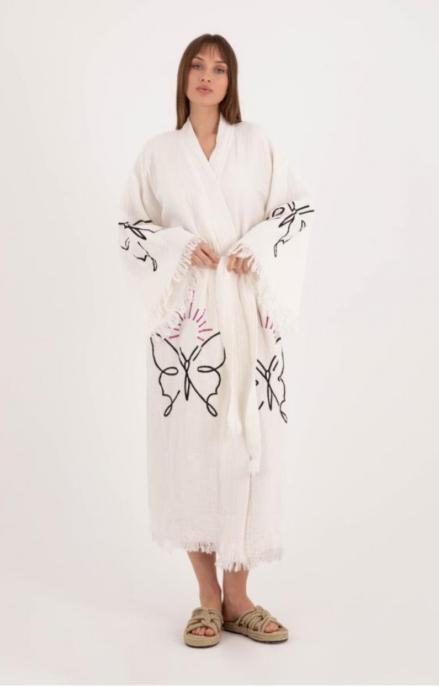 4 Kat Kumaş Özel Baskı Kelebek Desenli Doğal Natürel Müslin Kaftan Kimono Peştemal Bornoz