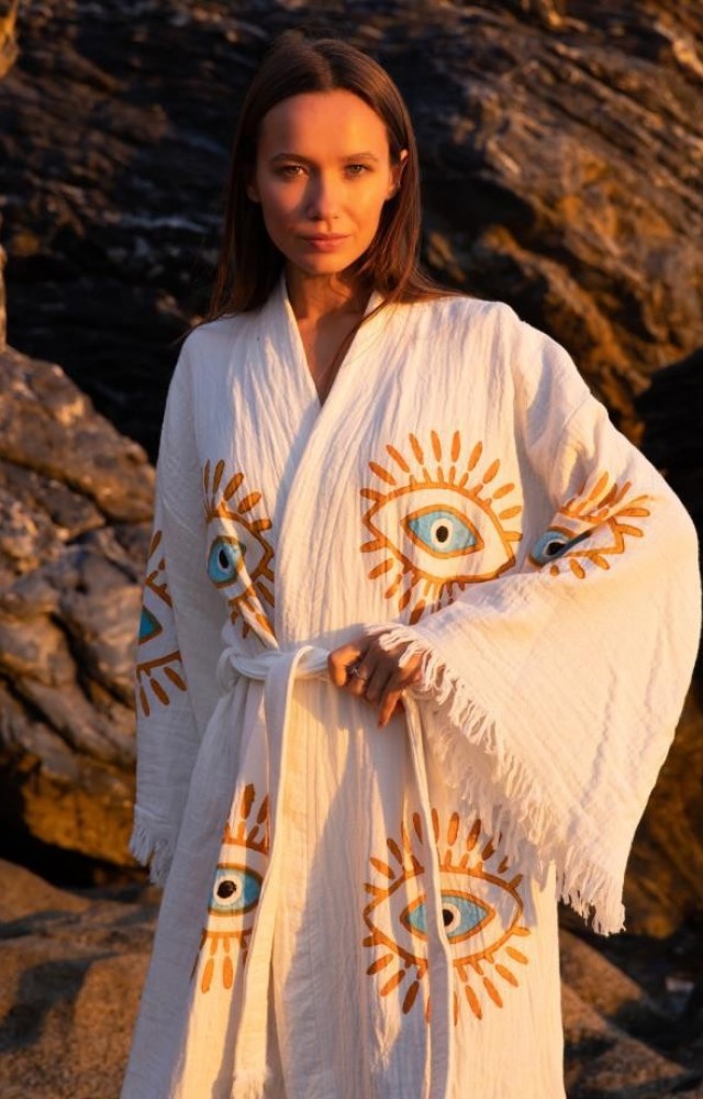 4 Kat Kumaş Özel Baskı Kirpik Desenli Doğal Natürel Müslin Kaftan Kimono Peştemal Bornoz