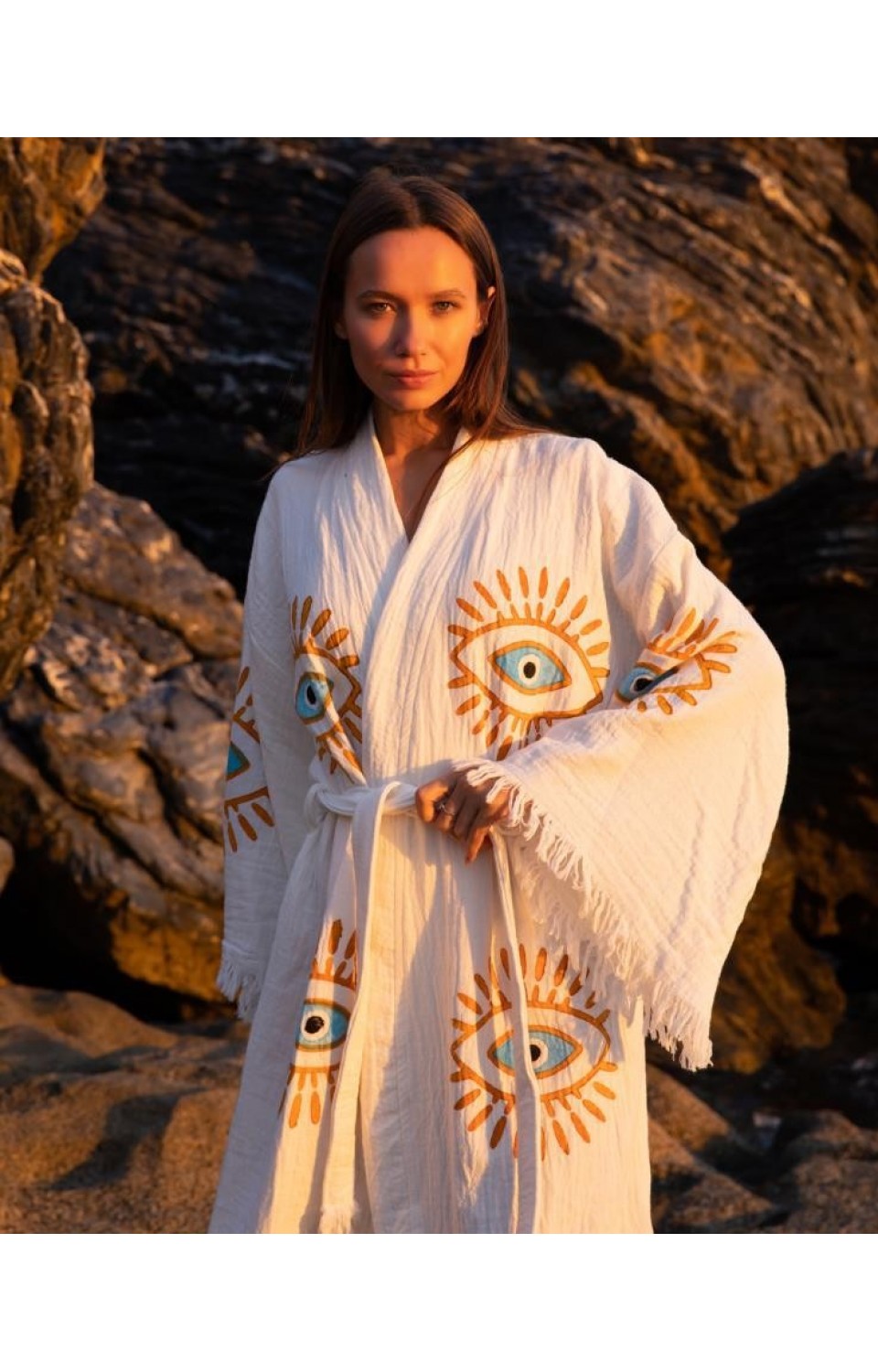 4 Kat Natürel Müslin Pamuk Kumaş Kimyasal İşlem Görmemiş El Baskılı Kaftan Kimono Peştemal Bornoz22