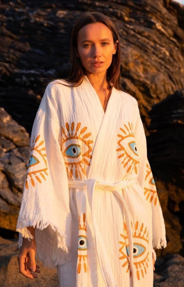 4 Kat Kumaş Özel Baskı Kirpik Desenli Doğal Natürel Müslin Kaftan Kimono Peştemal Bornoz