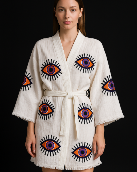 Kadın Göz Figür Desenli Kimono Kaftan