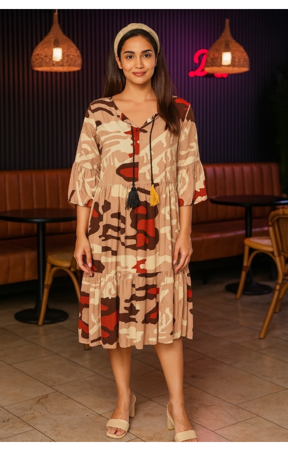 Desenli Valonlu Kadın Yazlık Elbise