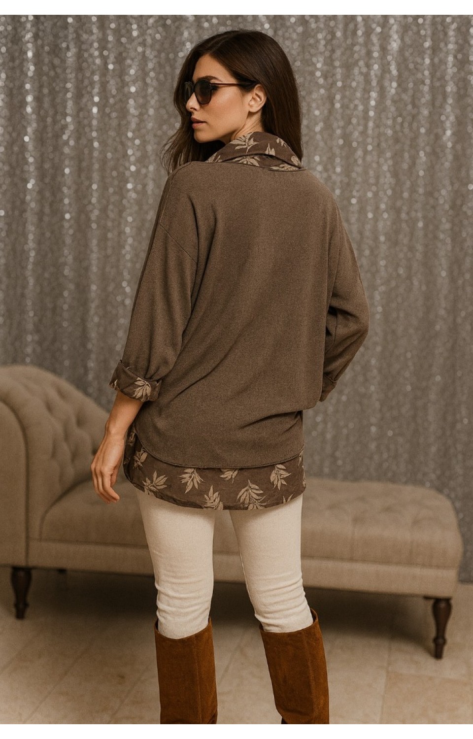 Kadın Yaprak Desenli Gömlek Bluz Fular Takımı Kahve