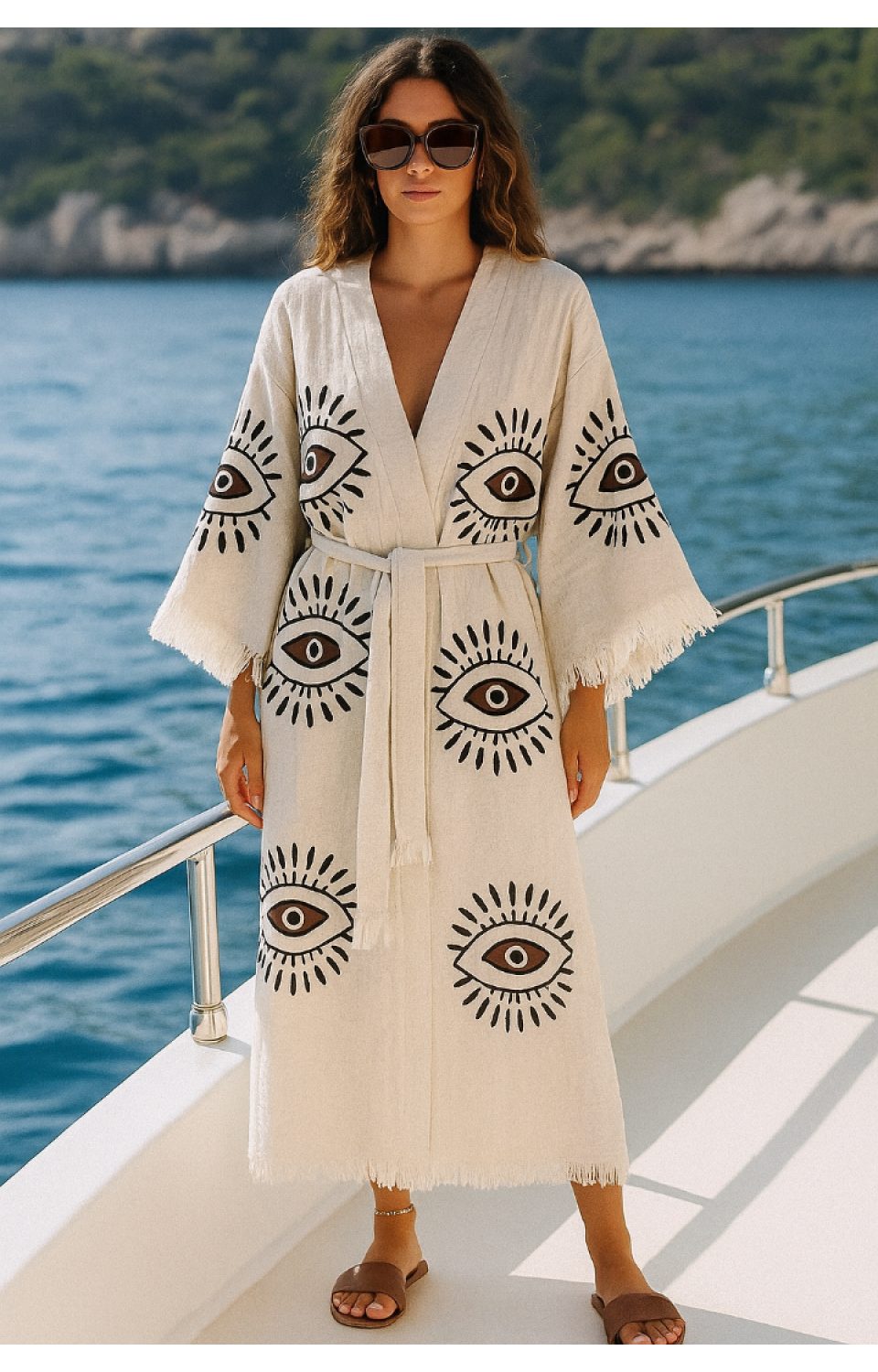 4 Kat Natürel Müslin Pamuk Kumaş Kimyasal İşlem Görmemiş El Baskılı Kaftan Kimono Peştemal Bornoz5