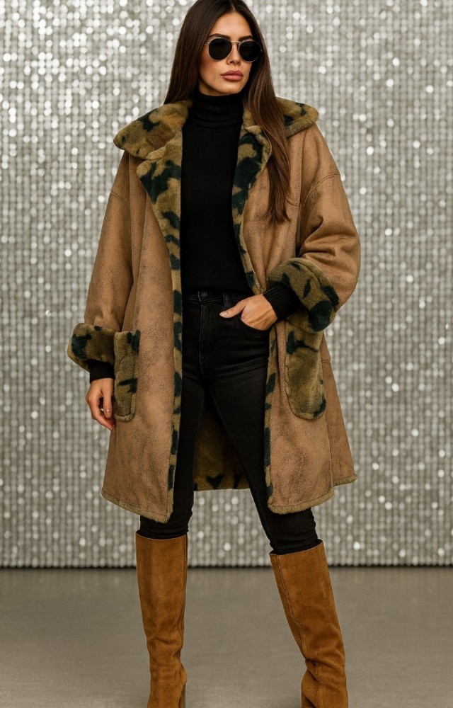 İçi Peluş Kamuflaj Desen Dışı Nubuk Kumaş Kadın Mont Taba