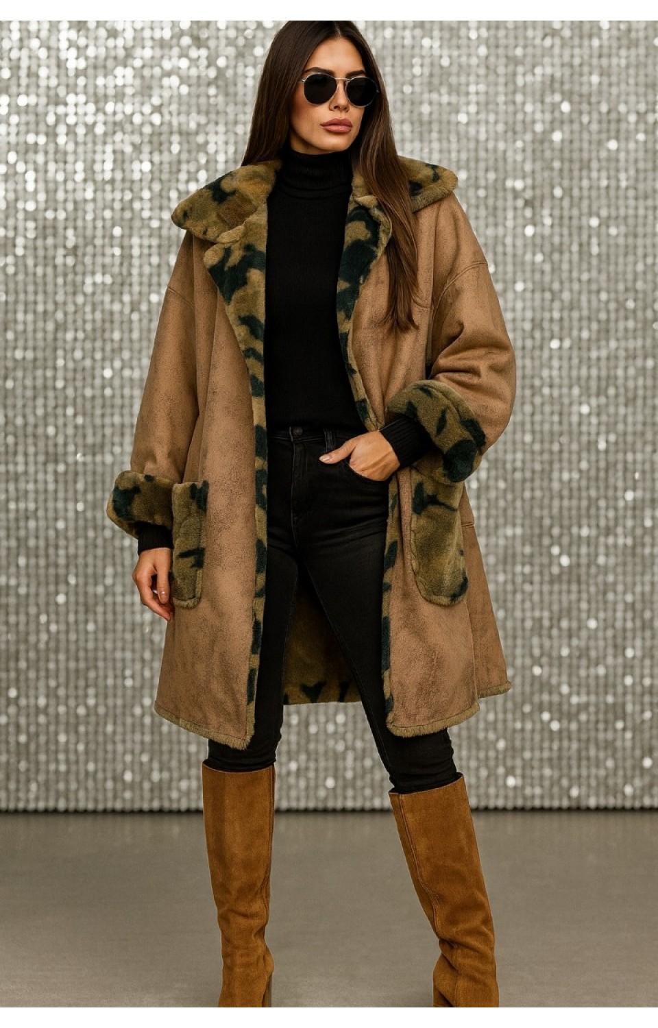 İçi Peluş Kamuflaj Desen Dışı Nubuk Kumaş Kadın Mont Taba
