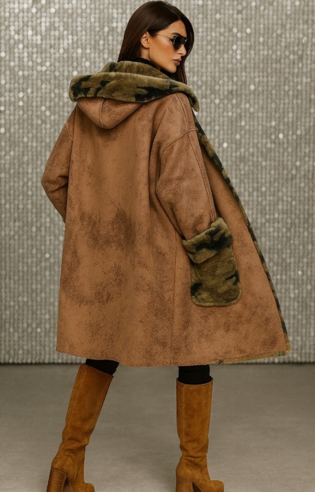 İçi Peluş Kamuflaj Desen Dışı Nubuk Kumaş Kadın Mont Taba