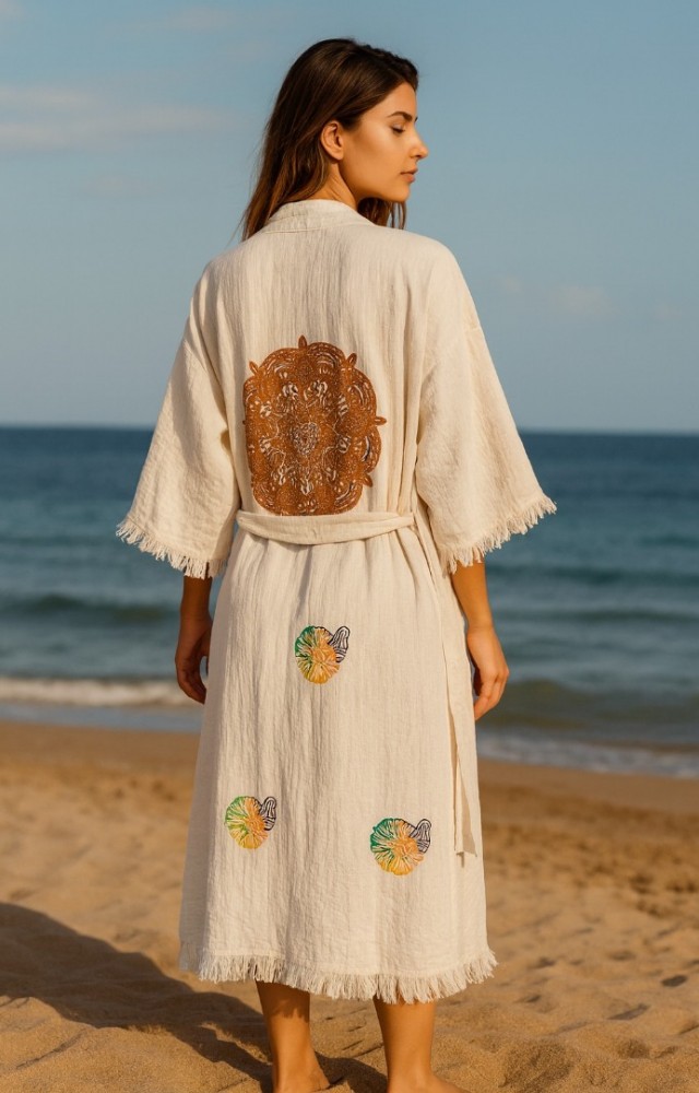 4 Kat Natürel Müslin Pamuk Kumaş Kimyasal İşlem Görmemiş El Baskılı Kaftan Kimono Peştemal Bornoz14