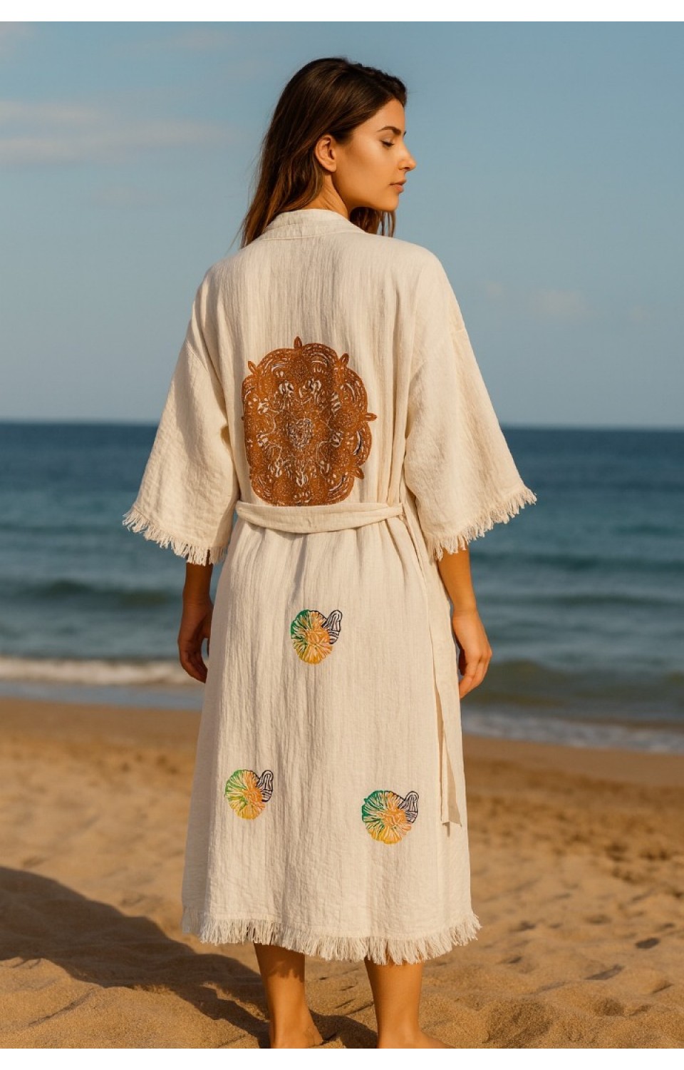 4 Kat Natürel Müslin Pamuk Kumaş Kimyasal İşlem Görmemiş El Baskılı Kaftan Kimono Peştemal Bornoz14